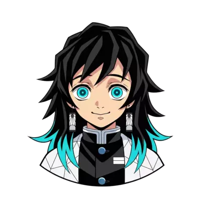 Muichiro with Long black hair with two strands of hair having cyan colour on the ends on the back hair having the same colour on the ends of his hair. He should have light blue eyes or terquice colour eyes. He should look exactly like muichiro tokito from demon slayer kimitsu no yaiba. he should have sweet smile on his face . 