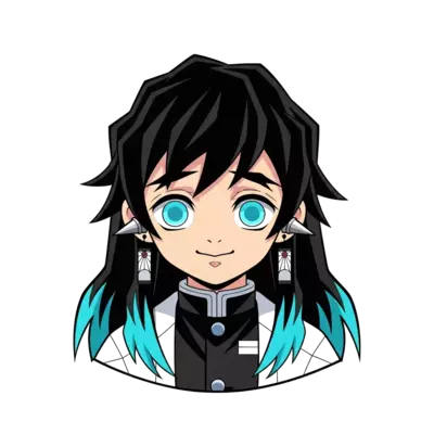 Muichiro with Long black hair with two strands of hair having cyan colour on the ends on the back hair having the same colour on the ends of his hair. He should have light blue eyes or terquice colour eyes. He should look exactly like muichiro tokito from demon slayer kimitsu no yaiba. he should have sweet smile on his face . With straight hair no spikes. The spikes should be only on the ears 