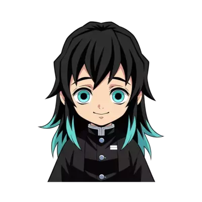 Muichiro with Long black hair with two strands of hair having cyan colour on the ends on the back hair having the same colour on the ends of his hair. He should have light blue eyes or terquice colour eyes. He should look exactly like muichiro tokito from demon slayer kimitsu no yaiba. he should have sweet smile on his face . With straight hair no spikes. He should not have a coat expecialy not a white one . He should be wearing a black colour demon slayer uniform