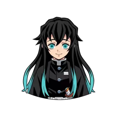 Muichiro with Long black hair with two strands of hair having cyan colour on the ends on the back hair having the same colour on the ends of his hair. He should have light blue eyes or terquice colour eyes. He should look exactly like muichiro tokito from demon slayer kimitsu no yaiba. he should have sweet smile on his face . With straight hair no spikes. He should not have a coat expecialy not a white one . He should be wearing a black colour demon slayer uniform. His hair should touch the ground 