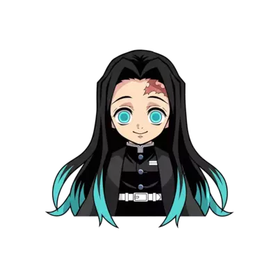 Muichiro with Long black hair with two strands of hair having cyan colour on the ends on the back hair having the same colour on the ends of his hair. He should have light blue eyes or terquice colour eyes. He should look exactly like muichiro tokito from demon slayer kimitsu no yaiba. he should have sweet smile on his face . With straight hair no spikes. He should not have a coat expecialy not a white one . He should be wearing a black colour demon slayer uniform. His hair should touch the ground . His hair should not have curves 