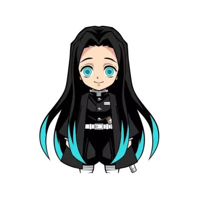 Muichiro with Long black hair with two strands of hair having cyan colour on the ends on the back hair having the same colour on the ends of his hair. He should have light blue eyes or terquice colour eyes. He should look exactly like muichiro tokito from demon slayer kimitsu no yaiba. he should have sweet smile on his face . With straight hair no spikes. He should not have a coat expecialy not a white one . He should be wearing a black colour demon slayer uniform. His hair should touch the ground . His hair should not have curves 