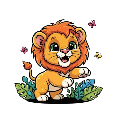A super cute, friendly cartoon baby lion cub with big eyes and a fluffy mane, playfully pouncing, surrounded by colorful jungle leaves and tiny butterflies, vibrant and cheerful illustration style.