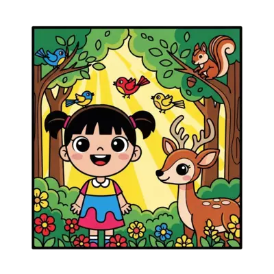 A vibrant cartoon illustration of a happy 5-year-old girl named Shanvi exploring a lush forest, surrounded by friendly, colorful animals like a deer, a squirrel, and a few birds, with bright flowers and sunshine, in a playful, cheerful style.