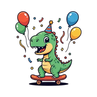 A cheerful baby dinosaur riding a skateboard, wearing a tiny party hat, surrounded by colorful confetti and balloons, in a vibrant cartoon style with bold outlines.