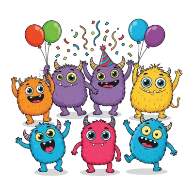 A playful group of adorable, fuzzy monsters having a dance party, surrounded by confetti and balloons, with big friendly eyes and silly expressions, bright and fun cartoon style.