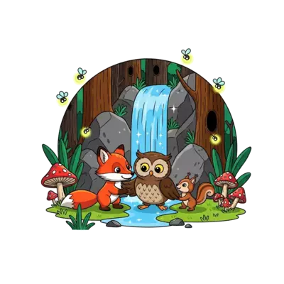 An enchanted forest scene with a curious fox, a wise owl, and a tiny squirrel playing together near a sparkling waterfall, surrounded by glow-in-the-dark mushrooms and fireflies, whimsical illustration style.