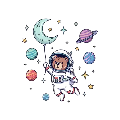 A whimsical space scene with a friendly astronaut bear floating amongst twinkling stars and colorful planets, holding a balloon shaped like a crescent moon, in a dreamy, pastel-colored cartoon style.
