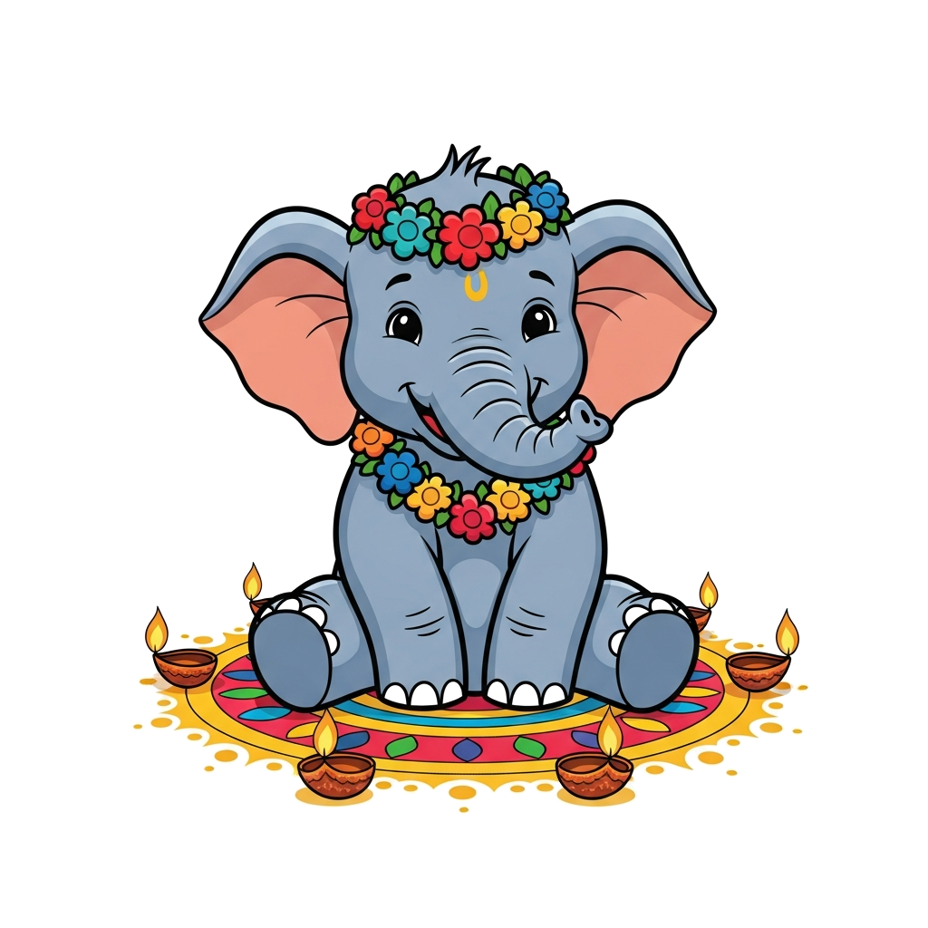 Custom design: A cute, happy baby elephant wearing a vibrant flower garland, sitting peacefully amidst a colorful rangoli pattern wi...