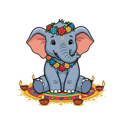Design: A cute, happy baby elephant wearing a vibrant flower garland, sitting peacefu...