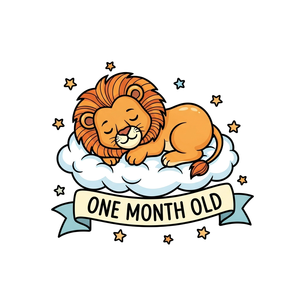 A super cute baby lion cub sleeping peacefully on a fluffy cloud, surrounded by tiny stars and a banner gently saying 'One Month Old', in soft pastel blue and cream colors, adorable cartoon style.