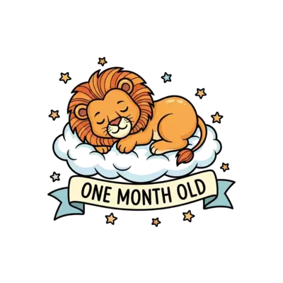 A super cute baby lion cub sleeping peacefully on a fluffy cloud, surrounded by tiny stars and a banner gently saying 'One Month Old', in soft pastel blue and cream colors, adorable cartoon style.