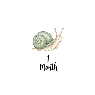 A minimalist watercolor illustration of a tiny snail with a soft sage green shell. Centered on a white background. Below the snail, elegant hand-lettered text reads '1 Month'. Scandi-style, nursery art aesthetic.