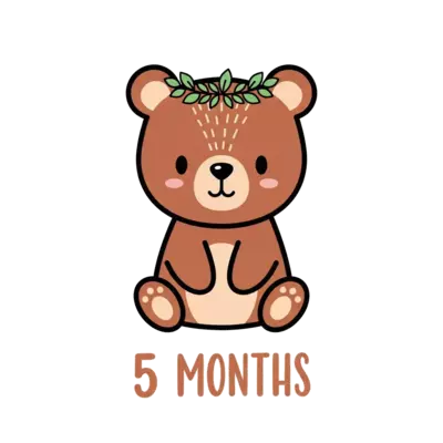 A minimalist watercolor illustration of a cute brown bear cub wearing a small green leaf crown. Centered on a white background. Hand-lettered text '5 Months' underneath. Warm, earthy pastel tones.