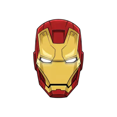 A sleek, modern, minimalist illustration of Iron Man's iconic helmet, rendered with clean, sharp lines and bold blocks of red and gold. The eyes glow subtly, conveying strength and bravery. The style is vector art, graphic design, isolated on a clean background.