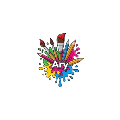 A modern, abstract illustration of various art supplies like paintbrushes, pencils, and splashes of vibrant paint, arranged in a visually appealing composition, with the name 'Ary' subtly integrated into the design, clean lines, vector art style.