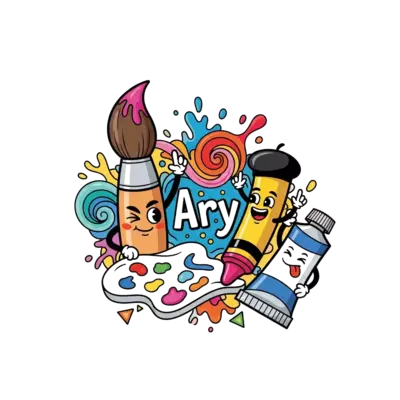 A whimsical and imaginative scene where art supplies come to life: a friendly paintbrush character, a smiling crayon, and a joyful tube of paint creating a colorful abstract artwork together, with 'Ary' written playfully in the composition, modern cartoon style.