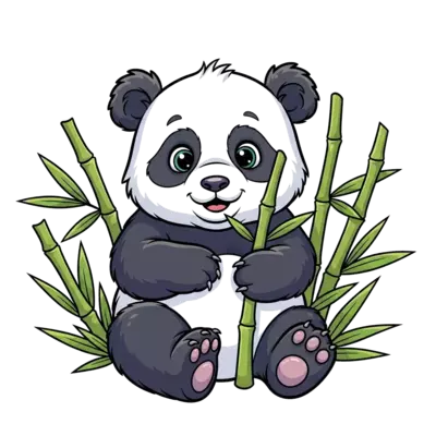 A super cute baby panda sitting amongst bamboo shoots, playfully peeking out with big, friendly eyes, in a vibrant cartoon style with soft shading and a touch of whimsy.