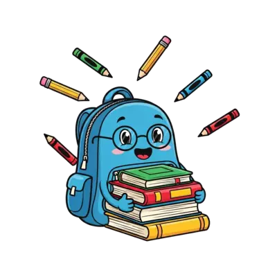 A happy cartoon backpack character with smiling eyes, wearing tiny glasses and holding a stack of colorful books, surrounded by floating pencils and crayons, in a bright and friendly illustration style.