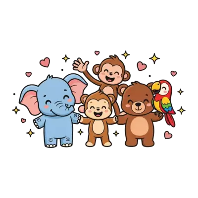 A vibrant illustration of a diverse group of cute, friendly cartoon animals (e.g., a baby elephant, a playful monkey, a little bear, a cheerful parrot) holding hands and smiling, surrounded by sparkling stars and tiny hearts, in a warm, inviting style.