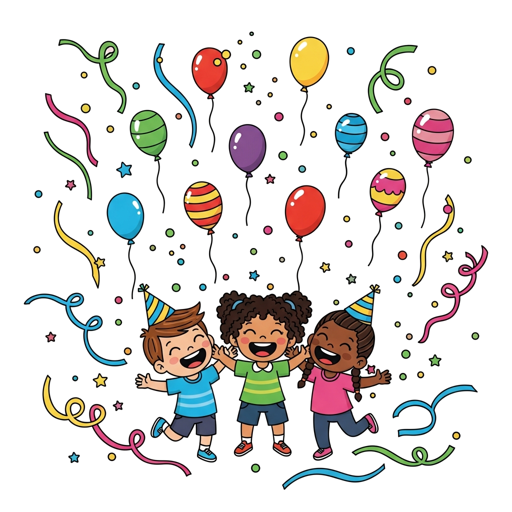 Custom design: A joyful scene with colorful balloons, floating confetti, and whimsical party streamers, featuring three happy cartoo...