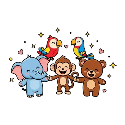 A vibrant illustration of a diverse group of cute, friendly cartoon animals (e.g., a baby elephant, a playful monkey, a little bear, a cheerful parrot) holding hands and smiling, surrounded by sparkling stars and tiny hearts, in a warm, inviting style.