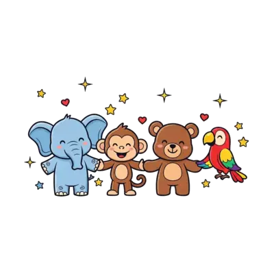 A vibrant illustration of a diverse group of cute, friendly cartoon animals (e.g., a baby elephant, a playful monkey, a little bear, a cheerful parrot) holding hands and smiling, surrounded by sparkling stars and tiny hearts, in a warm, inviting style.
