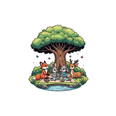 An adorable cartoon illustration of a group of friendly forest animals (like a fox, a rabbit, and a deer) having a picnic under a grand, spreading banyan tree, with a gentle river flowing nearby and tiny butterflies fluttering around, in a soft, storybook art style.