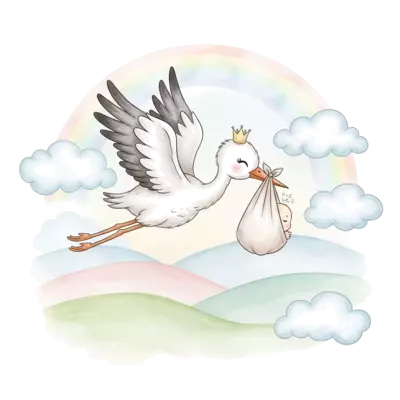A whimsical illustration of a baby stork delivering a bundle with a tiny crown, flying over a pastel landscape with fluffy clouds and a rainbow, in a gentle watercolor style.
