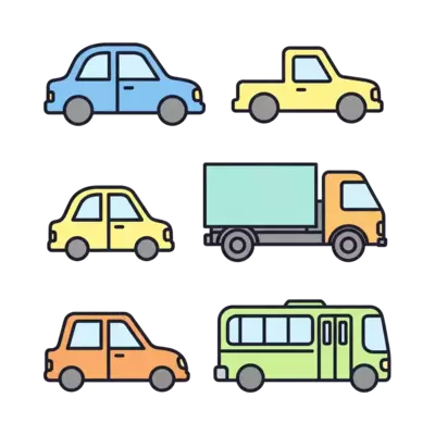 A set of simple, clean line art illustrations of various vehicles like a car, a truck, and a bus, in a minimalist style with a pastel color palette on a white background, child-friendly graphic design.