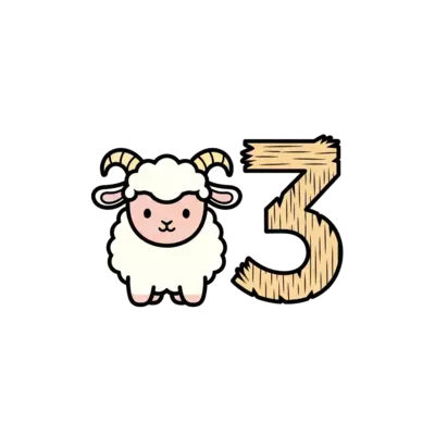 A minimalist illustration of a cute baby lamb, softly colored in pastel shades, standing next to a stylized number '3' made of wood or hay. Clean lines, simple background, child-friendly.