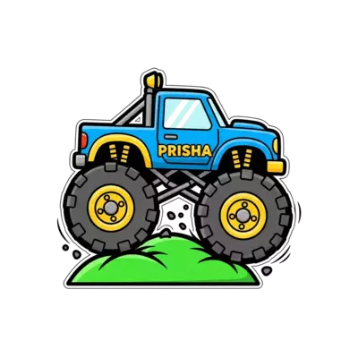 A cool, stylized monster truck with oversized wheels crushing a small hill, in a dynamic, bold graphic style with vibrant colors, text 'Prisha' incorporated subtly into the design.