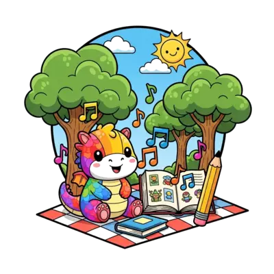 A vibrant cartoon illustration featuring a friendly, colorful fantasy creature (like a playful dragon or a rainbow unicorn) having a picnic with school supplies (like a book or a pencil) and musical notes floating around, surrounded by lush green trees and a bright sunny sky, in a highly detailed and cheerful style.