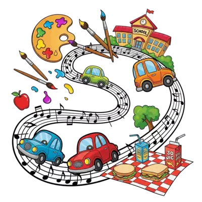A dynamic and colorful scene depicting various cartoon cars driving on a road made of musical staves, with art supplies (paint brushes, palette) playfully scattered around, set against a backdrop of a lively school building and a picnic blanket with snacks, in a vibrant and energetic animation style.