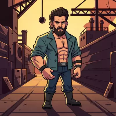 "A full-body cinematic action shot of a man with Hrithik Roshan's facial features and physique, sporting a rugged beard, standing with a dominant, confident posture. He is wearing a tight olive green tactical t-shirt and cargo pants. One hand is relaxed near the waist, shoulders broad, intense gaze toward the camera. Background is a gritty, dusty industrial shipyard with warm, high-contrast lighting, 8k, hyper-realistic, shot on 35mm lens, dramatic shadows, muscular build, flawless skin texture."
