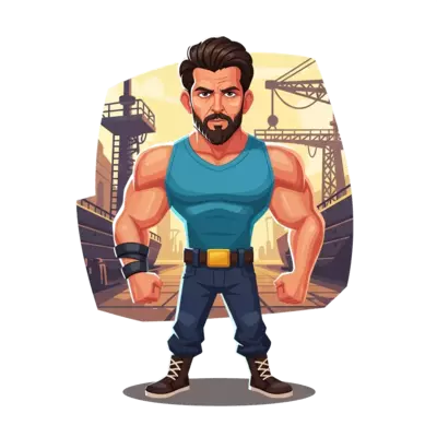 "A full-body cinematic action shot of a man with Hrithik Roshan's facial features and physique, sporting a rugged beard, standing with a dominant, confident posture. He is wearing a tight olive green tactical t-shirt and cargo pants. One hand is relaxed near the waist, shoulders broad, intense gaze toward the camera. Background is a gritty, dusty industrial shipyard with warm, high-contrast lighting, 8k, hyper-realistic, shot on 35mm lens, dramatic shadows, muscular build, flawless skin texture."
