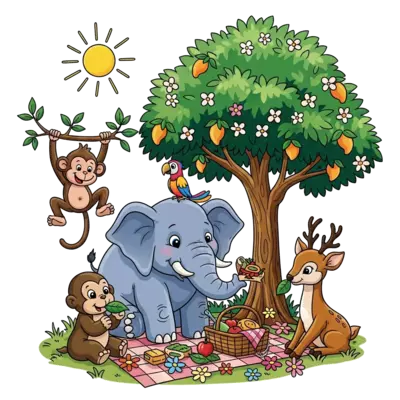 A vibrant cartoon illustration of a diverse group of happy animals (e.g., a playful monkey, a wise elephant, a colorful parrot, a gentle deer) gathered for a joyful family picnic under a grand, blooming mango tree, with a bright sun and scattered flowers, in a cheerful, expressive style.