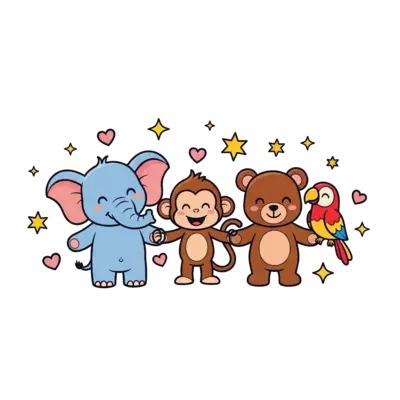A vibrant illustration of a diverse group of cute, friendly cartoon animals (e.g., a baby elephant, a playful monkey, a little bear, a cheerful parrot) holding hands and smiling, surrounded by sparkling stars and tiny hearts, in a warm, inviting style.