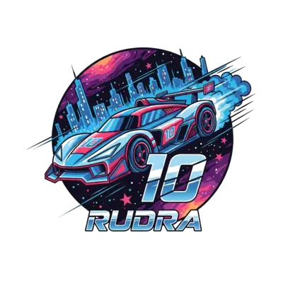 A bold, cool graphic of a futuristic race car speeding through a cosmic cityscape, with nebulae and stars in the background. The number '10' is integrated into the car's design, and 'Rudra' is displayed in a sleek, metallic font.