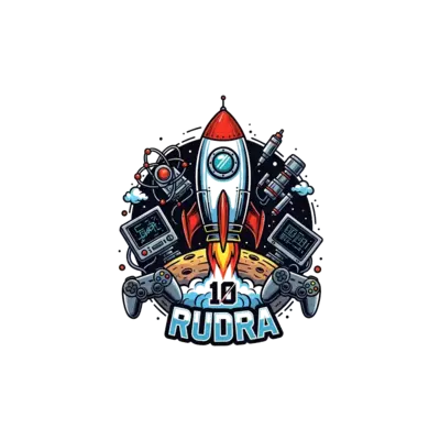 A dynamic illustration featuring a stylized rocket blasting off from a planetary surface, surrounded by scientific instruments and gaming controllers. The number '10' is subtly incorporated into the rocket's exhaust, and 'Rudra' is written in a strong, tech-inspired font.