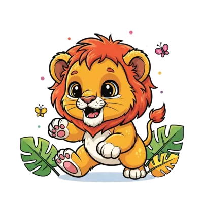 A super cute, friendly cartoon baby lion cub with big eyes and a fluffy mane, playfully pouncing, surrounded by colorful jungle leaves and tiny butterflies, vibrant and cheerful illustration style.