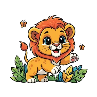 A super cute, friendly cartoon baby lion cub with big eyes and a fluffy mane, playfully pouncing, surrounded by colorful jungle leaves and tiny butterflies, vibrant and cheerful illustration style.