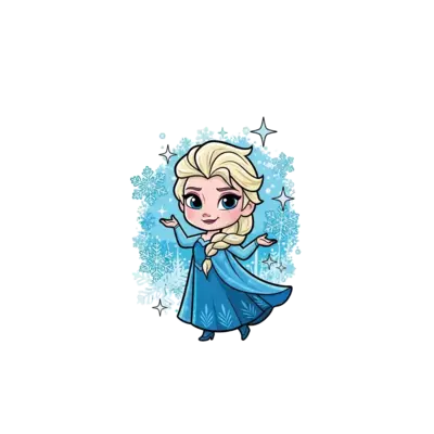 A cute, cartoonish Elsa character in a playful pose, surrounded by sparkling snowflakes and a frosty, whimsical background, in a vibrant, child-friendly illustration style.