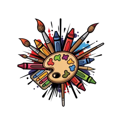 A dynamic illustration of various art supplies like paintbrushes, crayons, and a palette, arranged in a cool, graffiti-inspired style with splashes of bold red and black outlines, vibrant and energetic.
