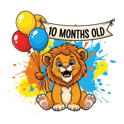 A cheerful baby lion cub illustration, sitting playfully with colorful balloons and a banner that says '10 Months Old', set against a vibrant background with splashes of bright yellow, orange, and blue. Cartoon style, very cute and friendly.