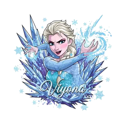 A powerful and dynamic illustration of Elsa from Disney's Frozen, conjuring ice magic with a fierce, determined expression. Sharp, shimmering ice crystals and a blizzard of stylized snowflakes surround her. The artwork features bold lines, dramatic lighting, and a vibrant color palette of icy blues, purples, and whites. "Viyona" is subtly integrated into a frosty, elegant script.