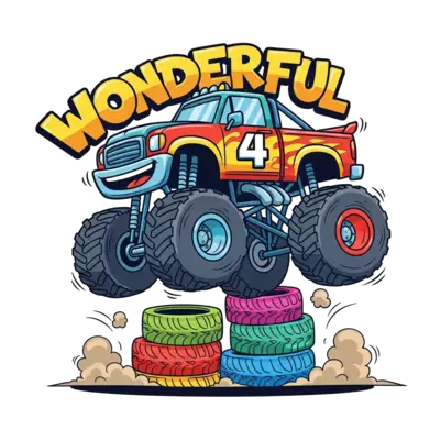 A bold and cool cartoon monster truck jumping over a pile of colorful tires, with the number 4 prominently displayed, and the word 'Wonderful' incorporated into the scene, vibrant colors, dynamic action shot.
