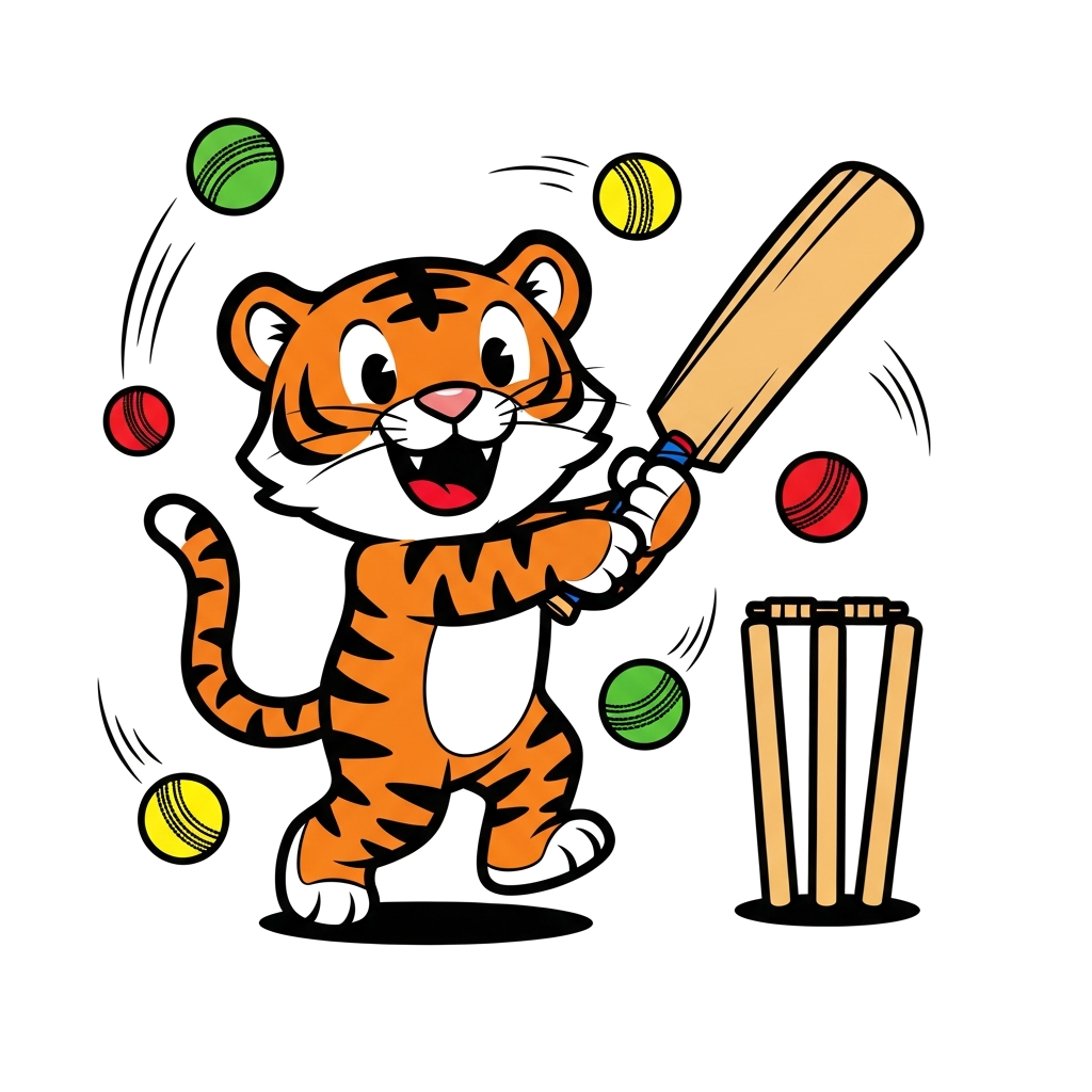 Custom design: A cute, cartoon tiger cub enthusiastically playing cricket, swinging a bat with a happy expression, surrounded by pla...