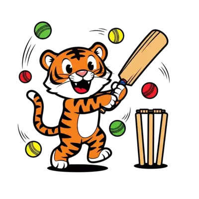 Design: A cute, cartoon tiger cub enthusiastically playing cricket, swinging a bat wi...