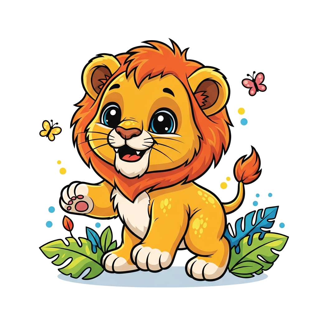 Custom design: A super cute, friendly cartoon baby lion cub with big eyes and a fluffy mane, playfully pouncing, surrounded by color...
